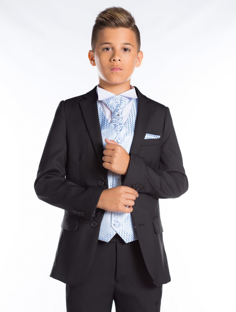 Chlapecký černý oblek Oliver 5-ti dílný s modrou vestou