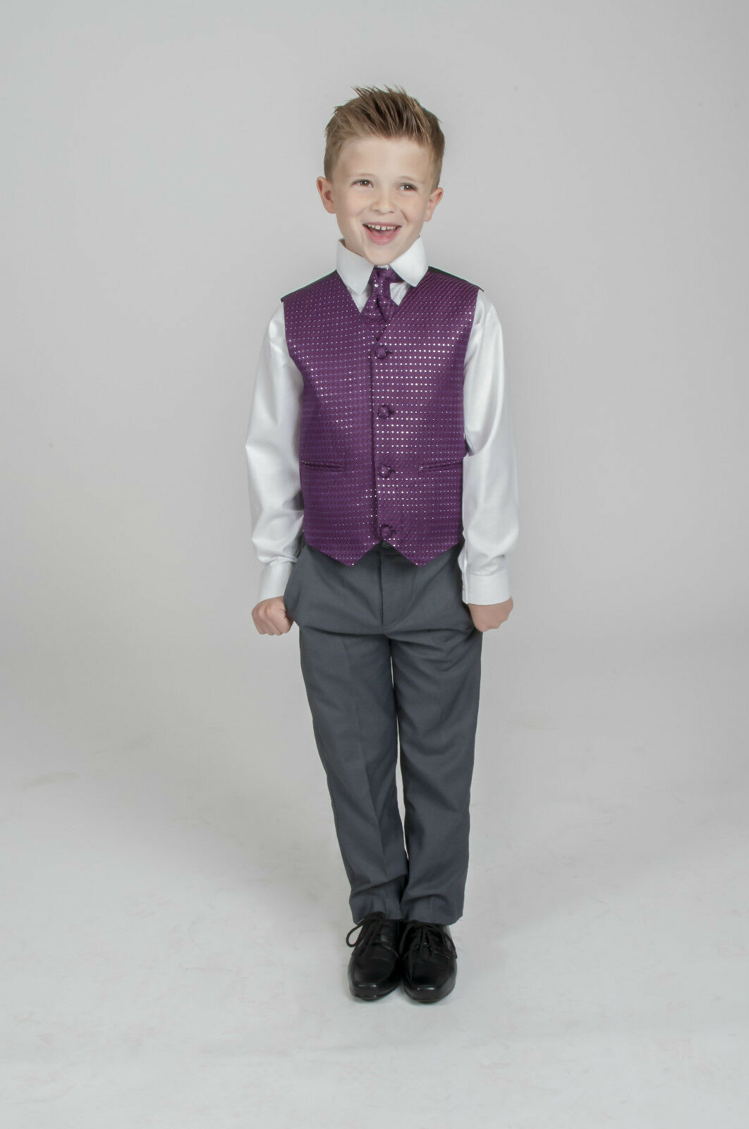 Vesta, košile, kalhoty kravata - chlapecký  komplet s fialovou  vestou