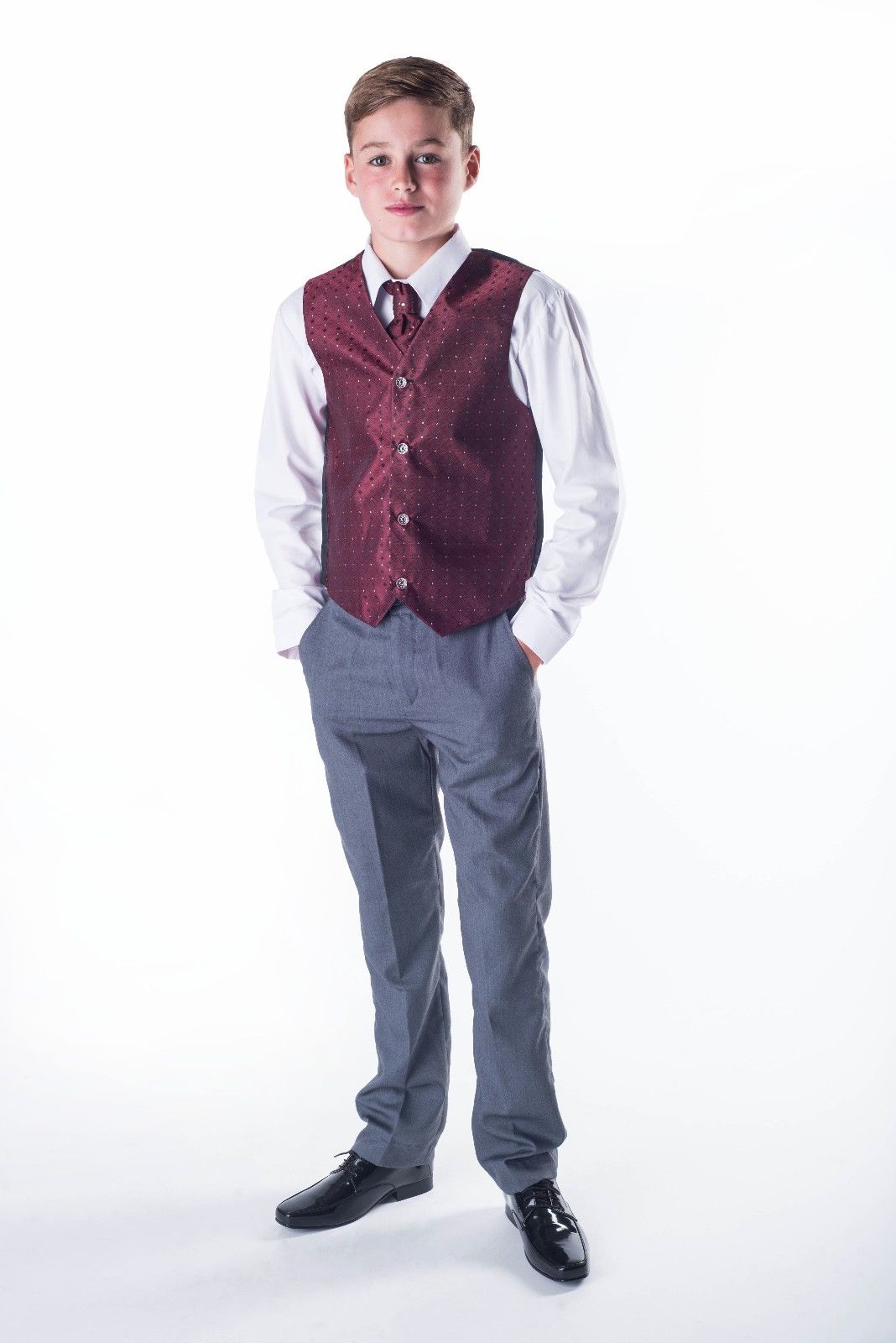 Vesta, košile, kalhoty kravata - chlapecký společenský komplet vínový