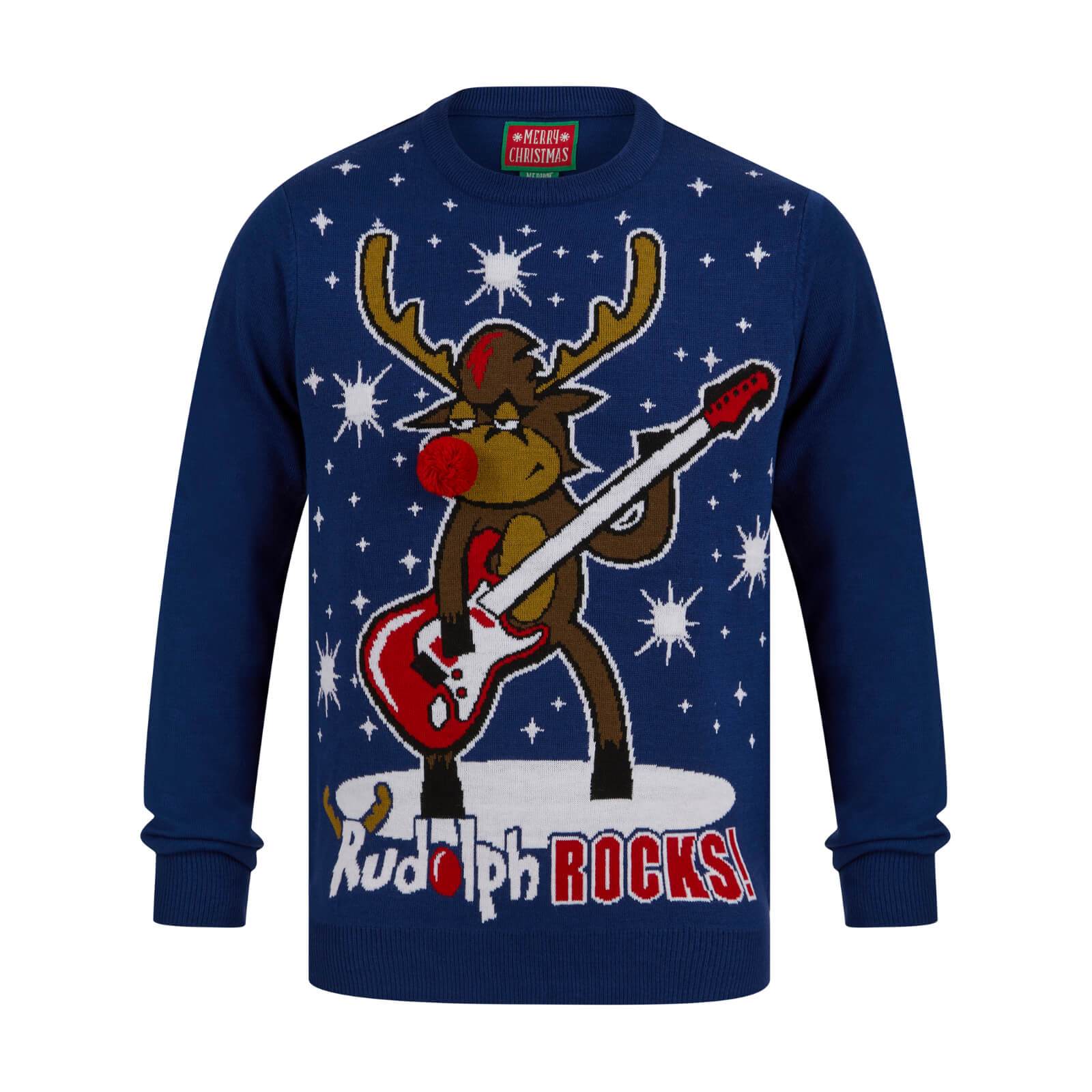 Rockový Rudolf s LED světýlky vánoční svetr pánský modrý