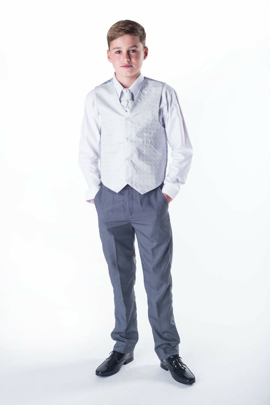 Vesta, košile, kalhoty kravata - chlapecký společenský komplet  šedá